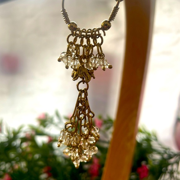 Dangle Earrings - Boho Vintage Gold Toned w/Clear Beads - 3" - Picture 8 of 15